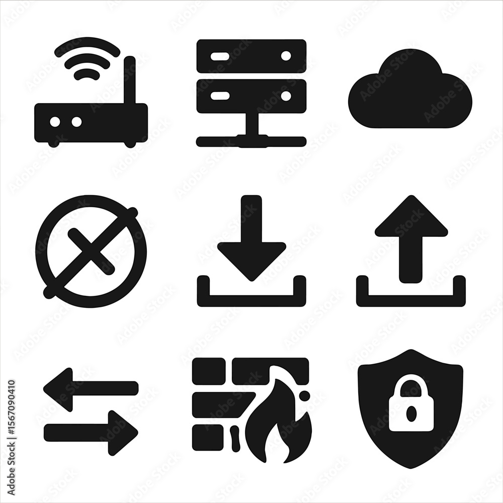 Poster network icons grid. solid, filled icon set of network and connectivity: wifi router, server, cloud, 