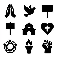Obraz premium Religion and Justice Icons. Solid, filled icon set of religion and social justice: prayer hands, peace dove, equality scales,