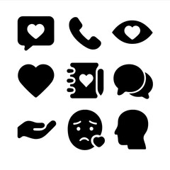 Love and Birds Icons. Solid, filled icon set of communication in love: text message icon, phone call, eye contact, open heart,