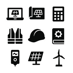 Renewable Energy Tools Icons. Solid, filled icon set of renewable energy career tools: laptop, blueprint, calculator, safety vest,