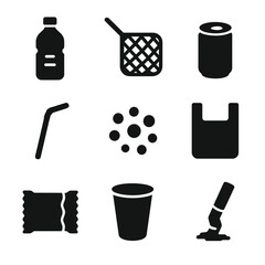 Fototapeta premium Marine Debris Icons. Solid, filled icon set of marine debris types: plastic bottle, fishing net, soda can, plastic bag,