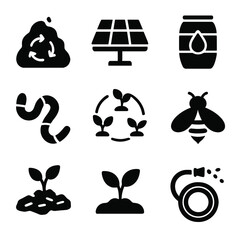 Obraz premium Organic Farming Icons. Solid, filled icon set of organic and sustainable farming: compost pile, solar panel, rain barrel,