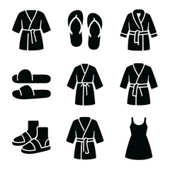 Robe and Sandal Icons. Solid, filled icon set of modern robe and sandal fashion: beach robe, spa robe, flip flops, slides, kimono,