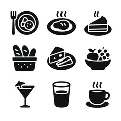 Romantic Dinner Icons. Solid, filled icon set of romantic dinner courses: appetizer plate, main dish, dessert slice, bread basket,