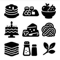 Maximalist Food Icons. Solid, filled icon set of maximalist food composition: stacked pancakes, sushi platter, fruit bowl,