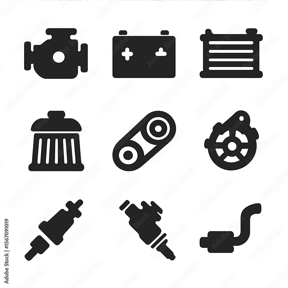 Poster mechanical icons grid. solid, filled icon set of engine and mechanical systems: engine block, batter