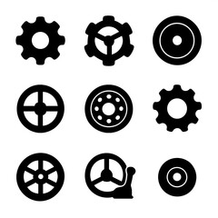 Mechanical Wheel Icons. Solid, filled icon set of mechanical wheels: gear, cogwheel, pulley wheel, flywheel, bearing, sprocket,
