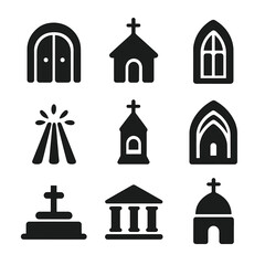 Obraz premium Sacred Architecture Icons. Solid, filled icon set of sacred architecture: cathedral doors, chapel arch, church window, light beam