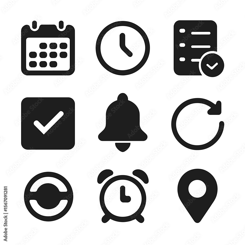 Aufkleber scheduling icons grid. solid, filled icon set of scheduling and calendar features: calendar month, c