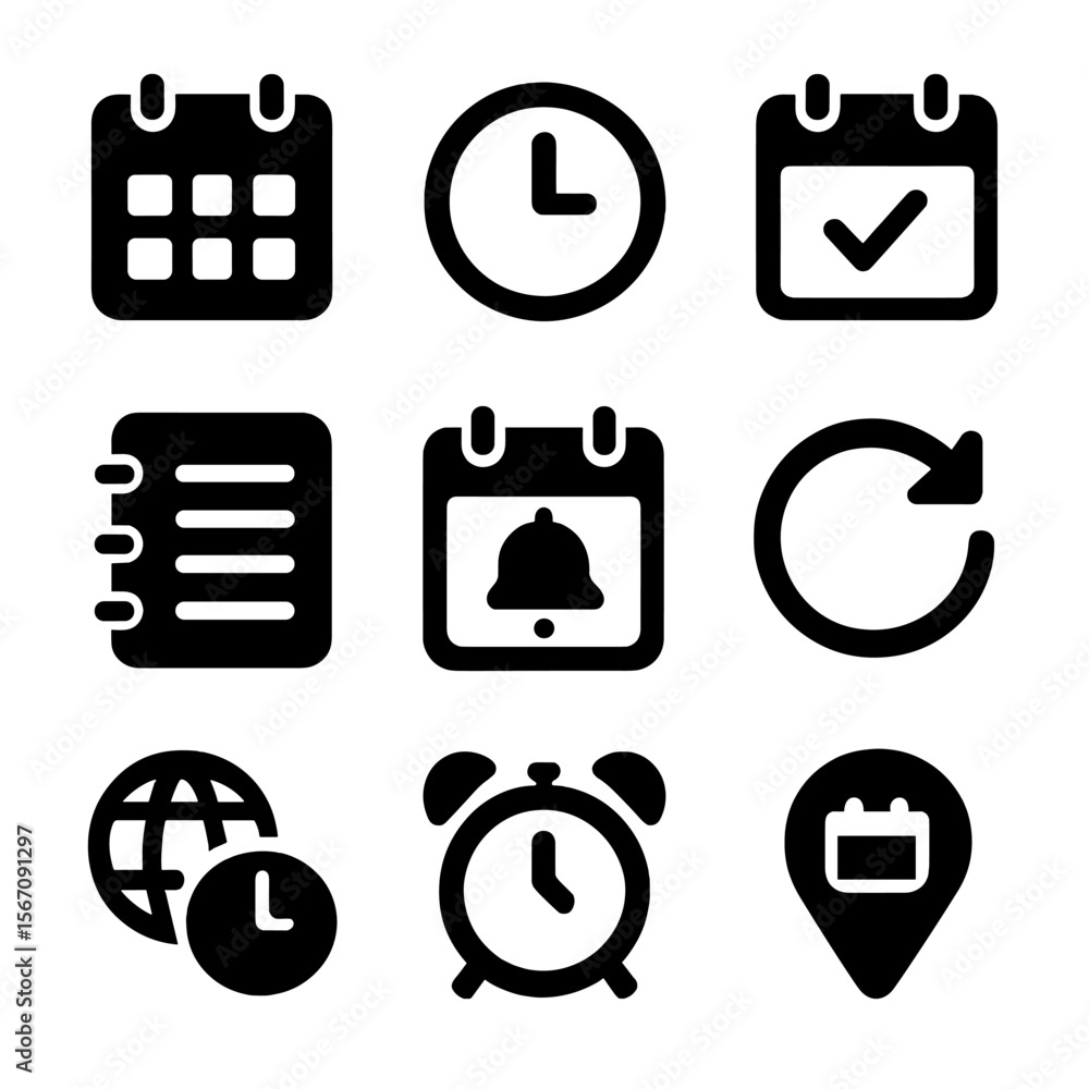 Aufkleber scheduling icons grid. solid, filled icon set of scheduling and calendar features: calendar month, c