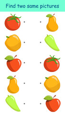 Find two same pictures. Colored fruits and vegetables on white background. Educational game for children's activity book, worksheet, print. Vector illustration.