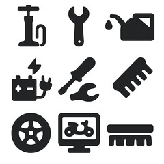 Scooter Maintenance Icons. Solid, filled icon set of scooter maintenance: tire pump, wrench, oil can, battery charging,