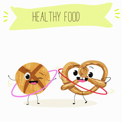 Baked food funny characters, hand drawn vector illustration.