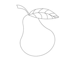 Pear with black outline on white background. Fruit vector illustration for coloring book, children's entertainment, print.