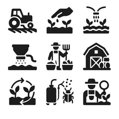 Seasonal Farming Icons. Solid, filled icon set of seasonal farming activities: plowing, planting, irrigating, fertilizing,