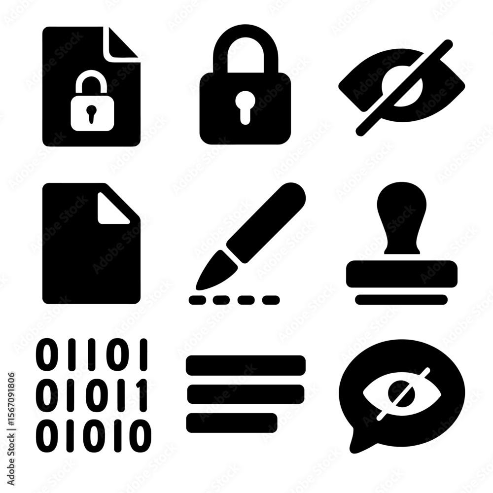 Poster secret icons set. solid, filled icon set of hidden messages: encrypted file, lock icon, disappearing