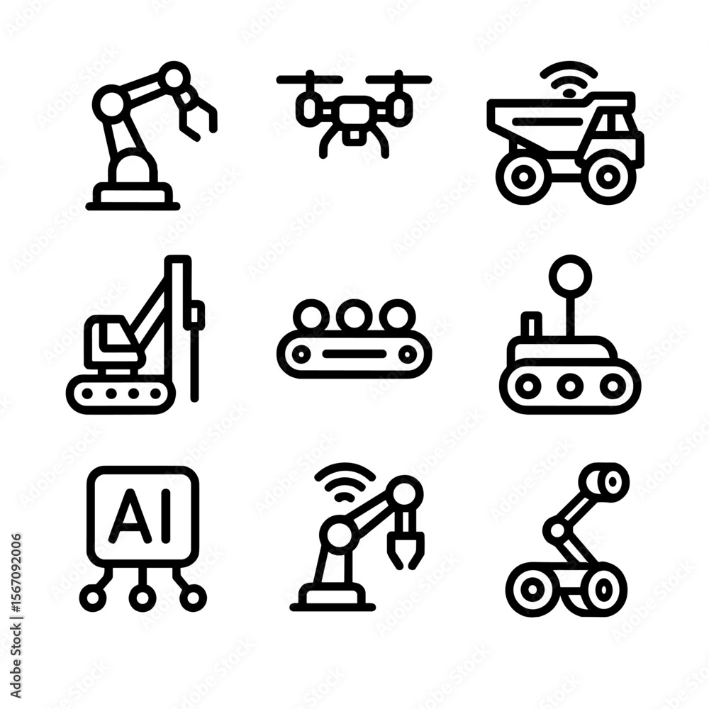 Poster mining robotics icons. solid, filled icon set of mining robotics and automation: robotic arm, autono