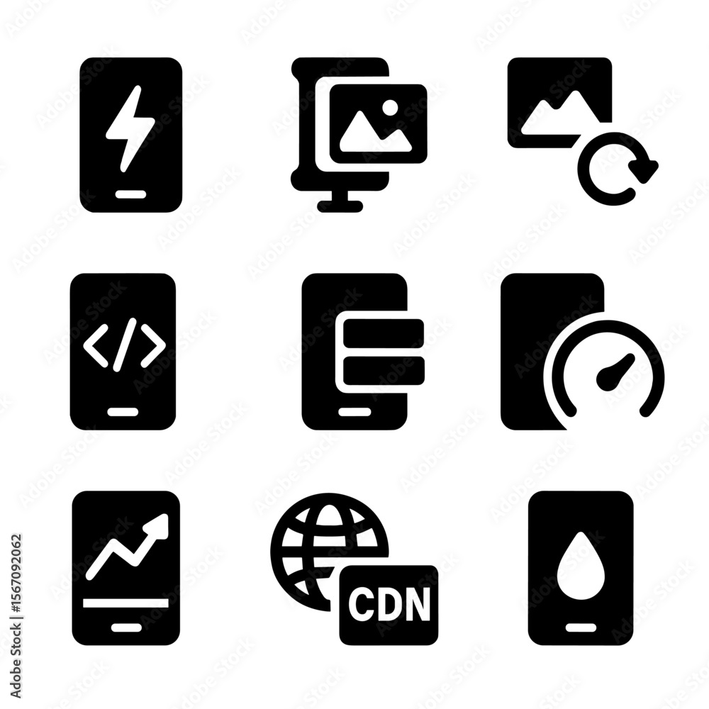 Poster mobile optimization icons. solid, filled icon set of mobile performance optimization: fast load icon