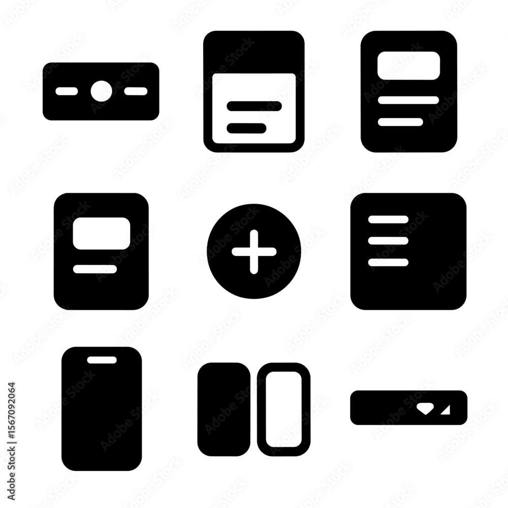 Poster mobile ui icons grid. solid, filled icon set of mobile interface components: nav bar, bottom sheet, 