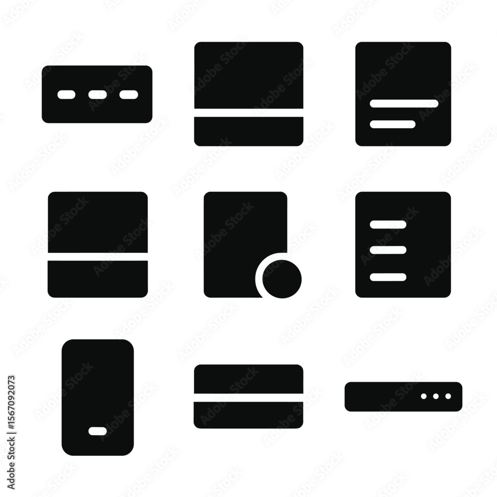 Poster mobile ui icons grid. solid, filled icon set of mobile interface components: nav bar, bottom sheet, 