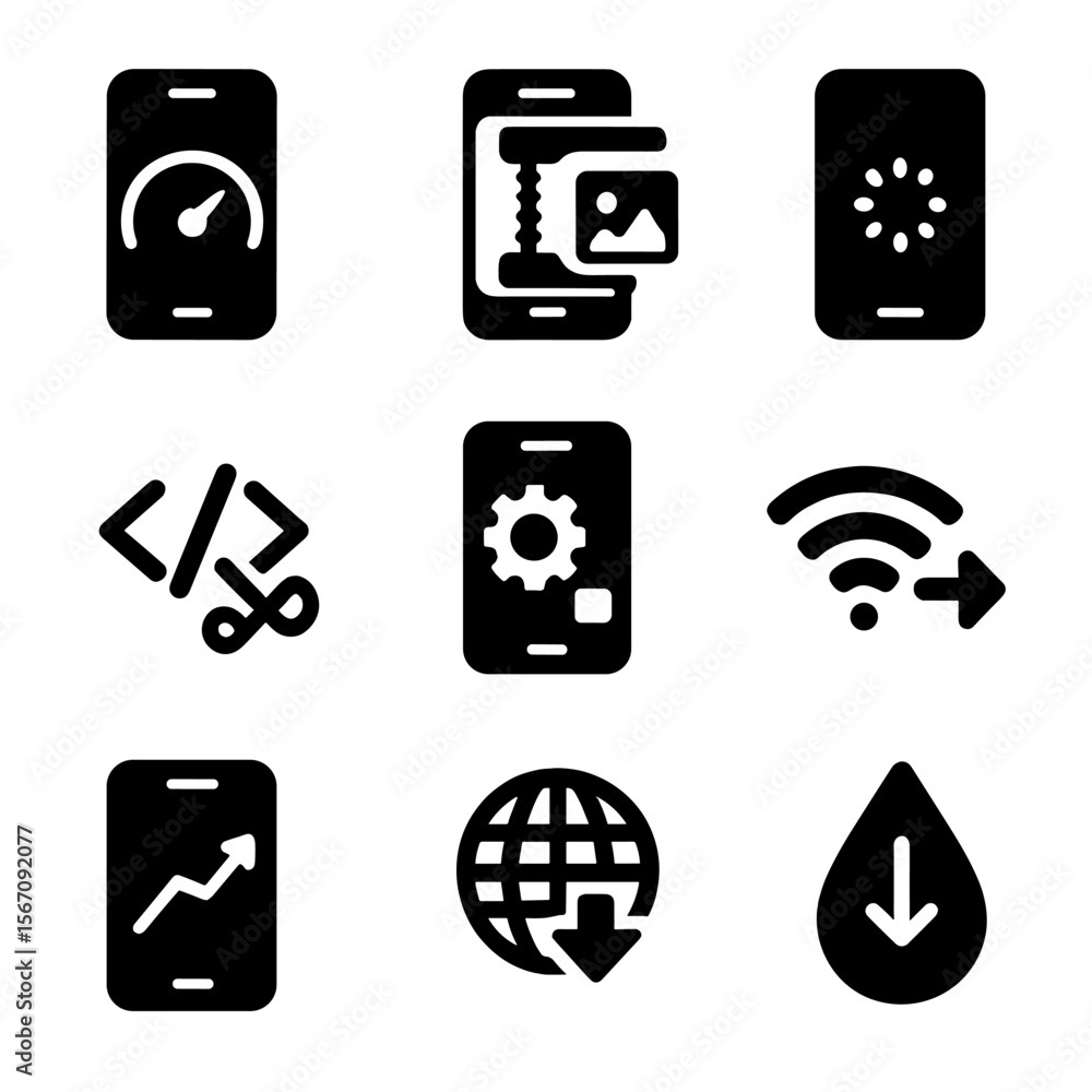 Poster mobile optimization icons. solid, filled icon set of mobile performance optimization: fast load icon
