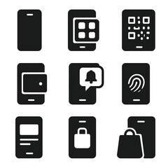 Mobile E-Commerce Icons. Solid, filled icon set of mobile e-commerce: smartphone, mobile app, QR code, mobile wallet, push