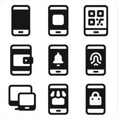 Mobile E-Commerce Icons. Solid, filled icon set of mobile e-commerce: smartphone, mobile app, QR code, mobile wallet, push