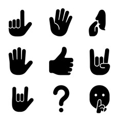 Obraz premium Sign Language Icons. Solid, filled icon set of Sign language basics: alphabet fingers, hello gesture, thank you sign, stop hand,