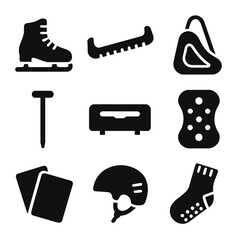 Skating Equipment Icons. Solid, filled icon set of skating equipment: ice skates, blade guard, skate bag, lacing tool, skate
