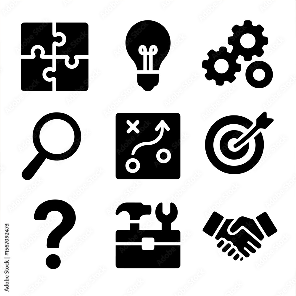 Poster problem solving icons. solid, filled icon set of problem solving: puzzle, light bulb, gears, magnify