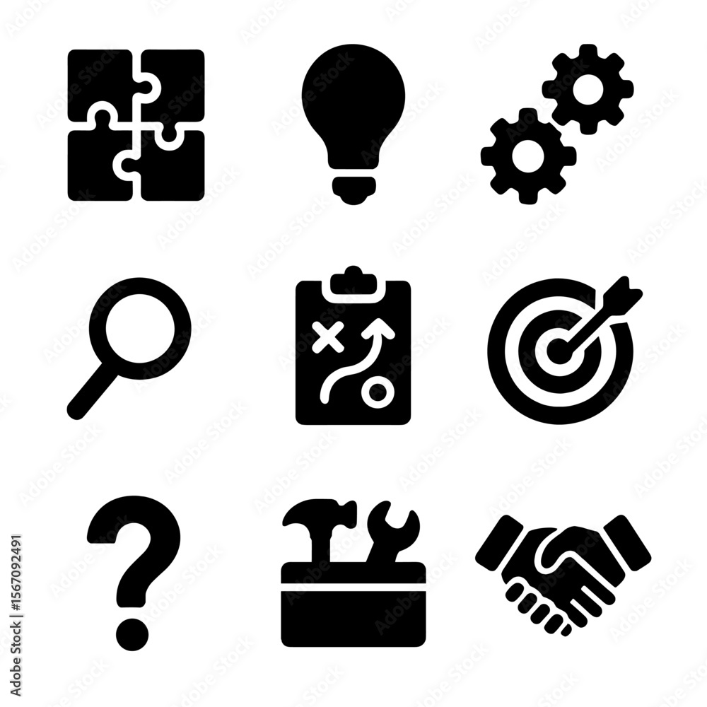 Poster problem solving icons. solid, filled icon set of problem solving: puzzle, light bulb, gears, magnify
