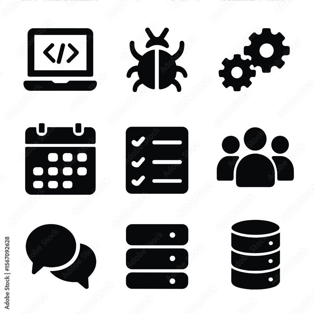 Aufkleber project management icons. solid, filled icon set of managing project teams in software development: 