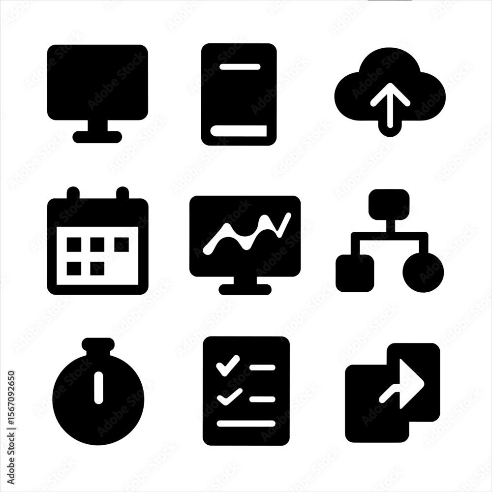 Aufkleber project tools icons. solid, filled icon set of project tools and software: computer, software box, c