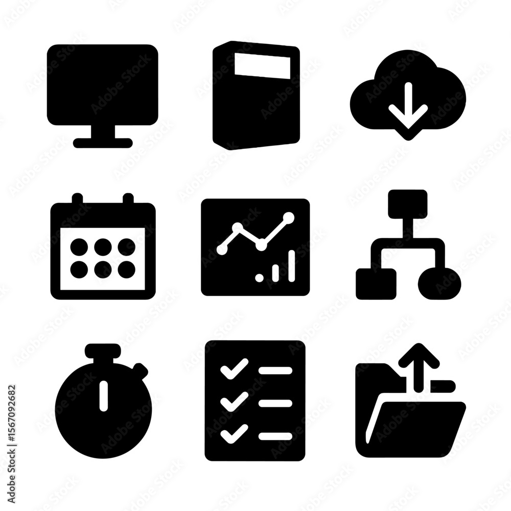 Poster project tools icons. solid, filled icon set of project tools and software: computer, software box, c