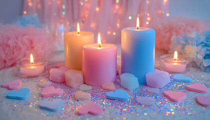 A playful pastel ritual scene glows with pink crystals, paper hearts, and tiny sparkles in a joyful, dreamy light.