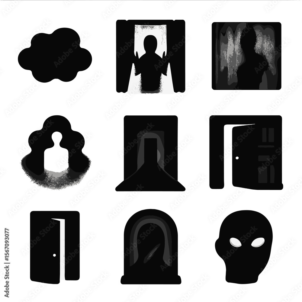 Poster mysterious icons grid. solid, filled icon set of mysterious visuals: foggy shape, shadow behind curt