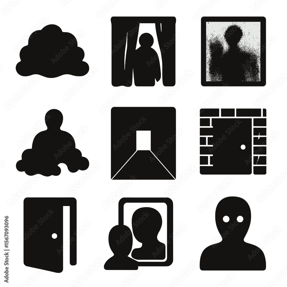 Poster mysterious icons grid. solid, filled icon set of mysterious visuals: foggy shape, shadow behind curt