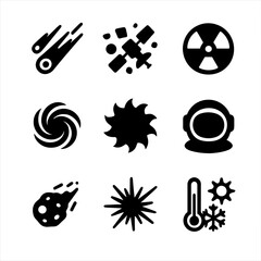 Space Hazards Icons. Solid, filled icon set of space hazards: meteor shower, space debris, radiation, black hole, solar flare,
