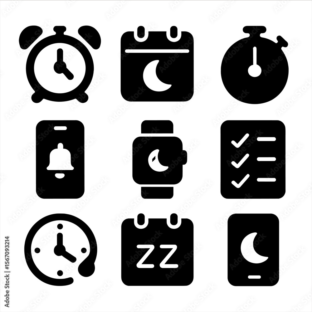 Aufkleber nap scheduling icons. solid, filled icon set of nap scheduling tools: alarm clock, calendar, timer, 
