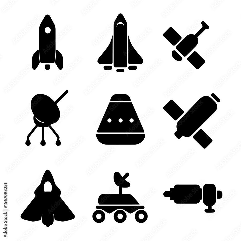 Poster spaceship icon grid. solid, filled icon set of types of spaceships: rocket, space shuttle, satellite