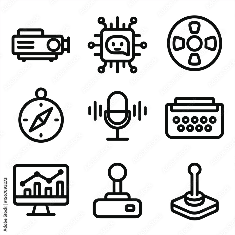 Poster retro tech icons. solid, filled icon set of old-school gadgets and ai integration: slide projector, 