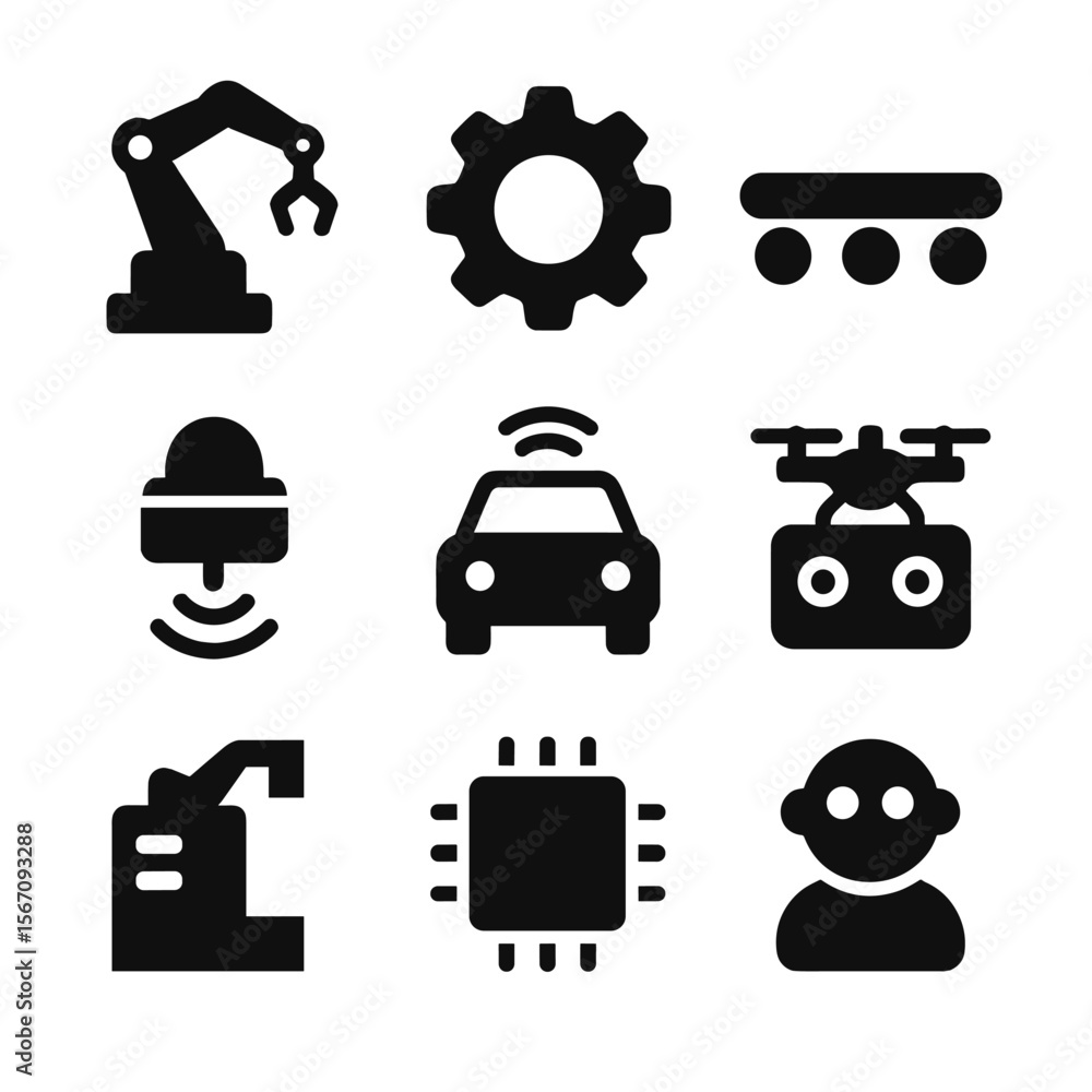 Poster robotics icon set. solid, filled icon set of robotics and automation: robotic arm, gear cog, conveyo
