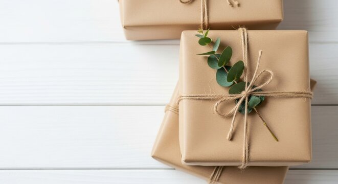 Brown paper packages tied with string sit on a white wooden table