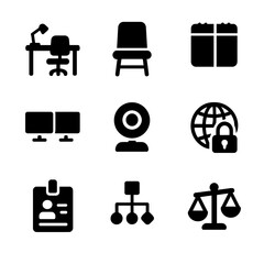 Hybrid Work Icons. Solid, filled icons set of hybrid work environments: office desk, home chair, schedule