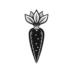 Black and white illustration of a carrot with leaves vegetable root