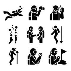 Scuba Diver Icon Set. Solid, filled icon set of Scuba diver activities: diver swimming, underwater photography, signaling, safety