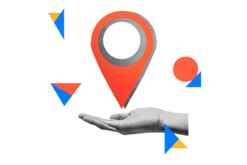 Black and white hand holding a red location pin. Modern collage style. Illustration on transparent background