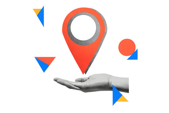 Black and white hand holding a red location pin. Modern collage style. Illustration on transparent background