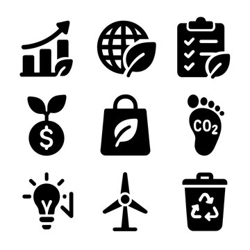 Sustainable Icons Grid. Solid, filled icon set of sustainable business goals: growth chart with leaf, globe with leaf, eco