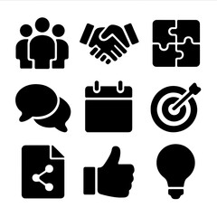 Team Collaboration Icons. Solid, filled icon set of teamwork and collaboration: group of people, handshake, puzzle pieces, chat